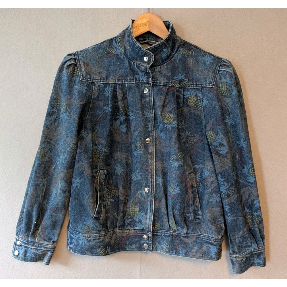 VTG 90s Floral Pineapple Print Denim Jean Jacket Sz Women Medium Puff Shoulders‎